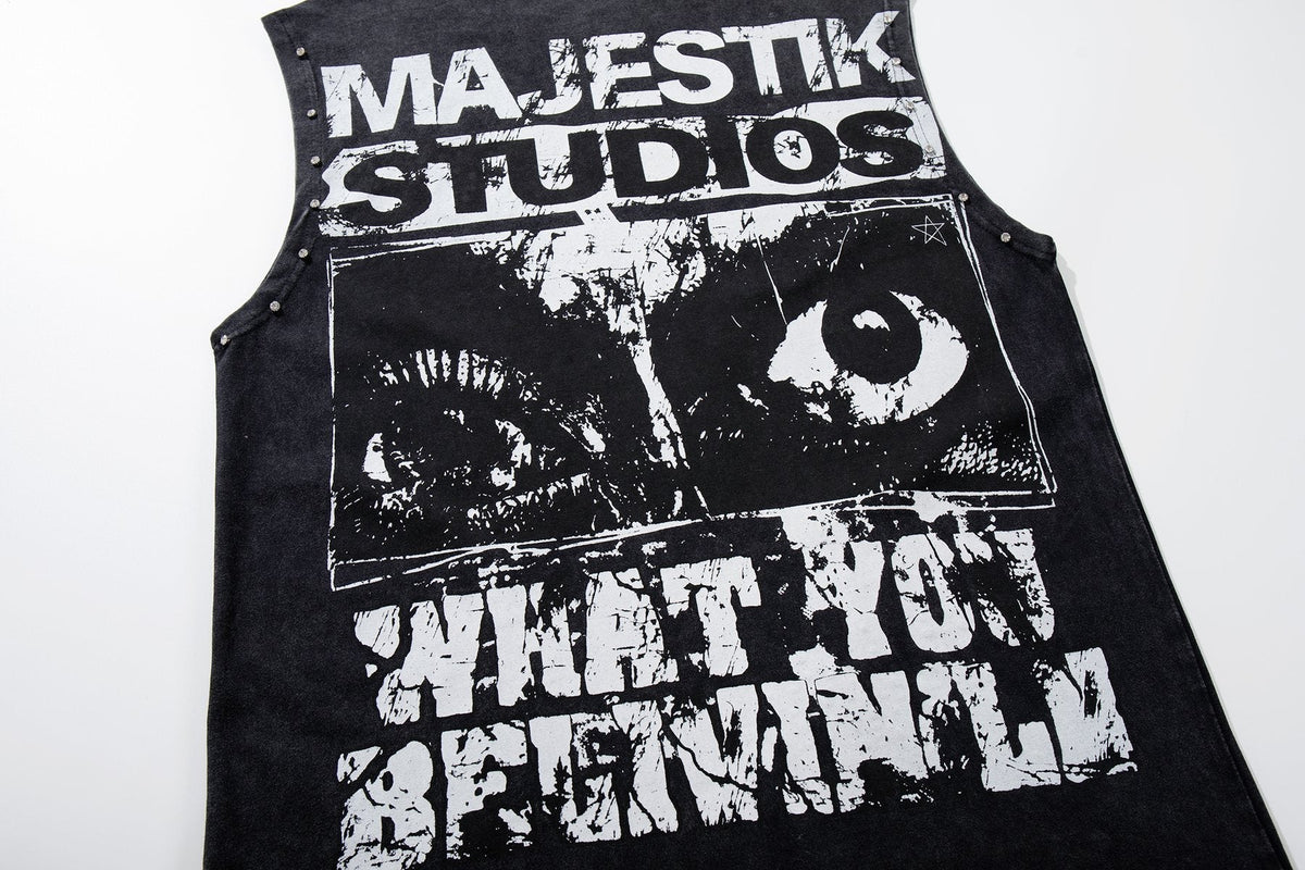 MAJESTIK Washed Black Studded Sleeveless T-Shirt